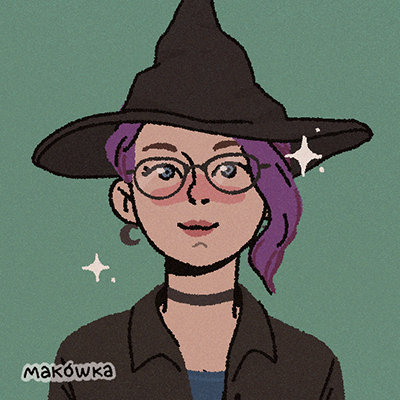 A woman with purple hair wearing a witch hat, glasses, and moon earrings. Illustration signed by makowka.